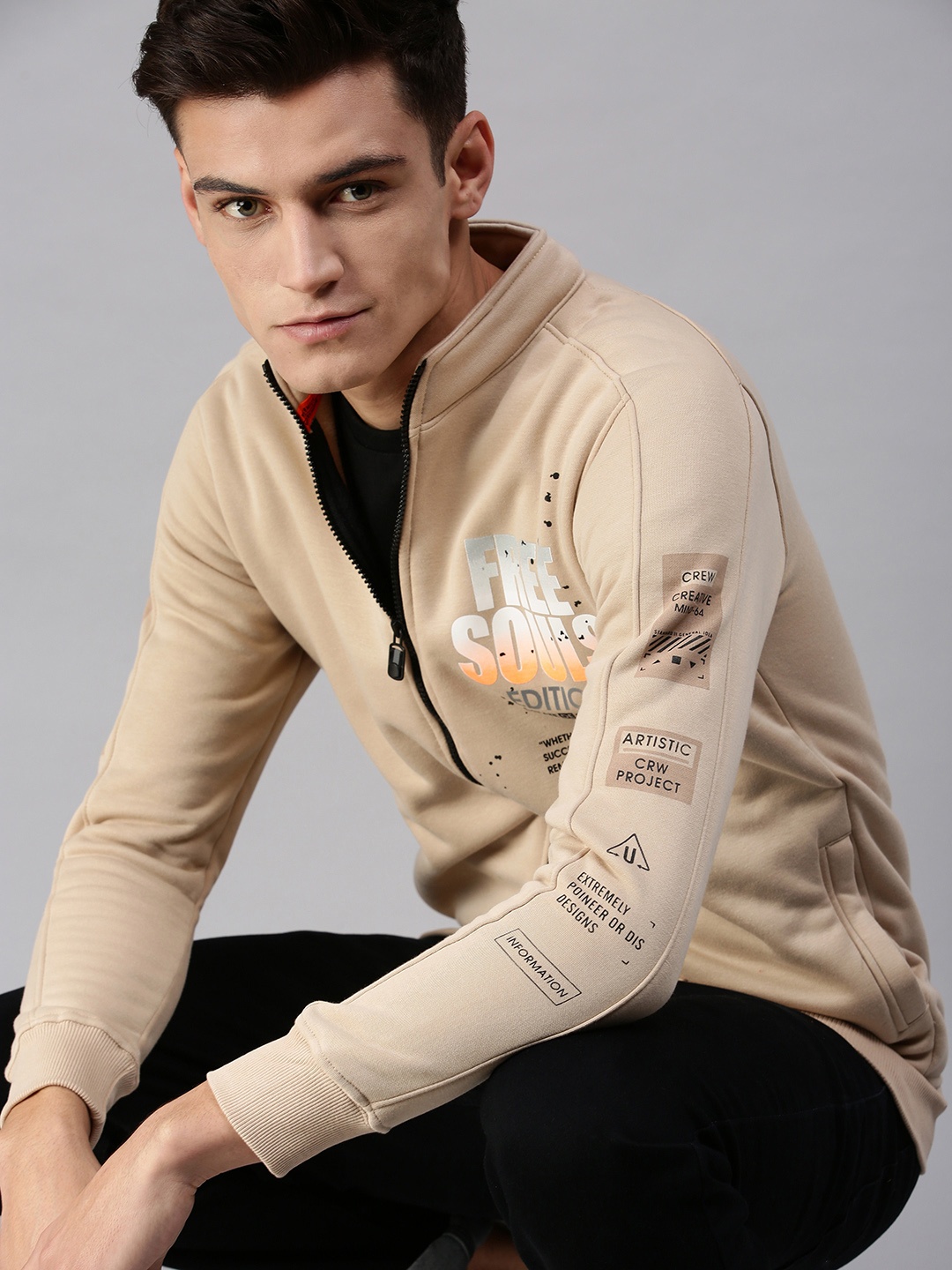 

SHOWOFF Men Beige Front Open Sweatshirt