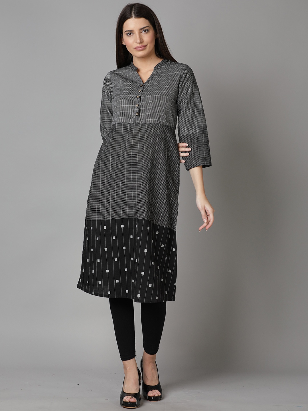 

Cot'N Soft Women Black & White Striped Dobby Kurta