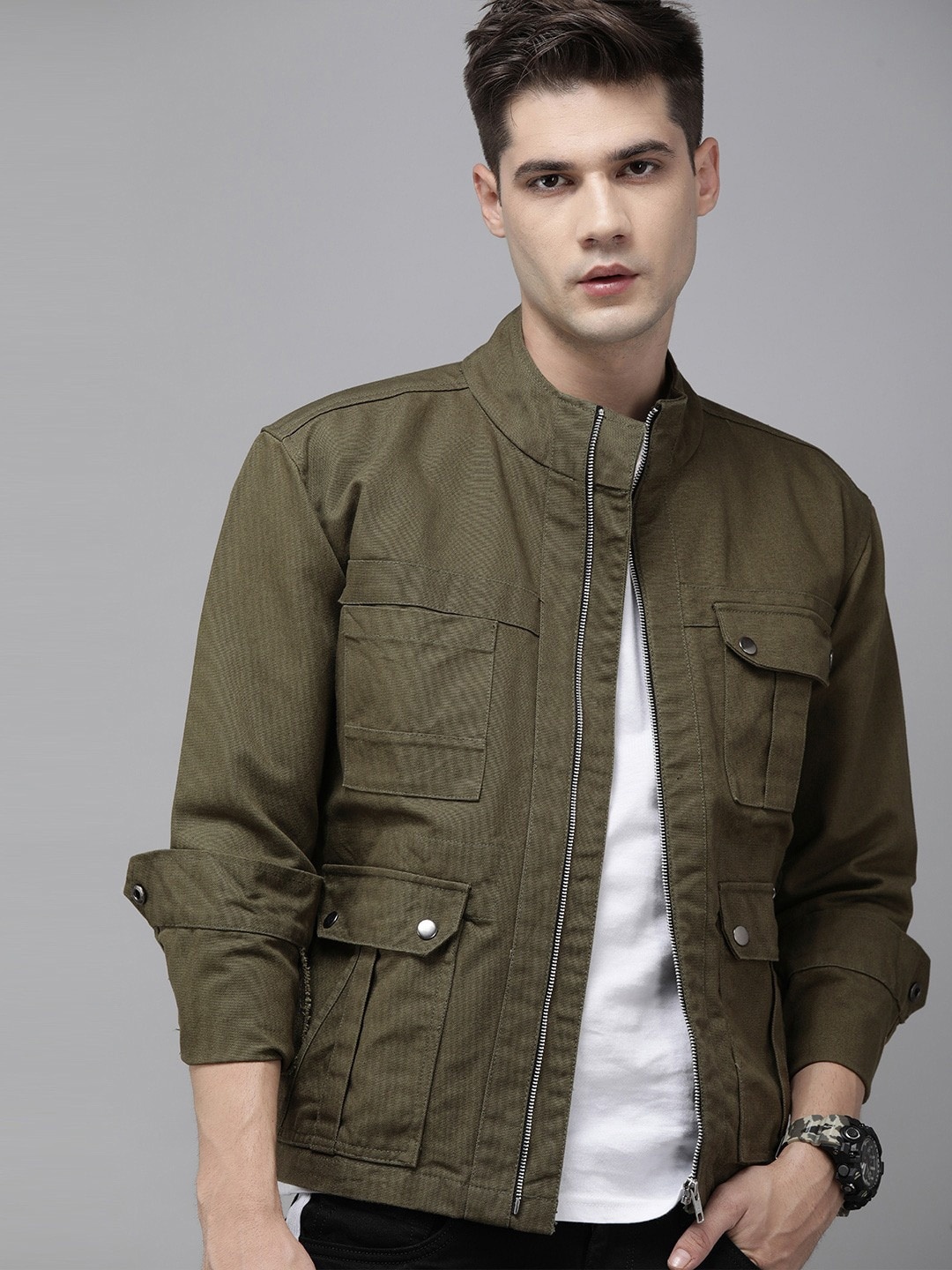 

VOXATI Men Olive Green Denim Jacket