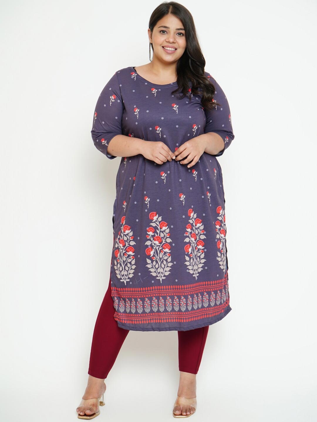 

Amydus Plus Size Women Navy Blue & Red Floral Printed Kurta