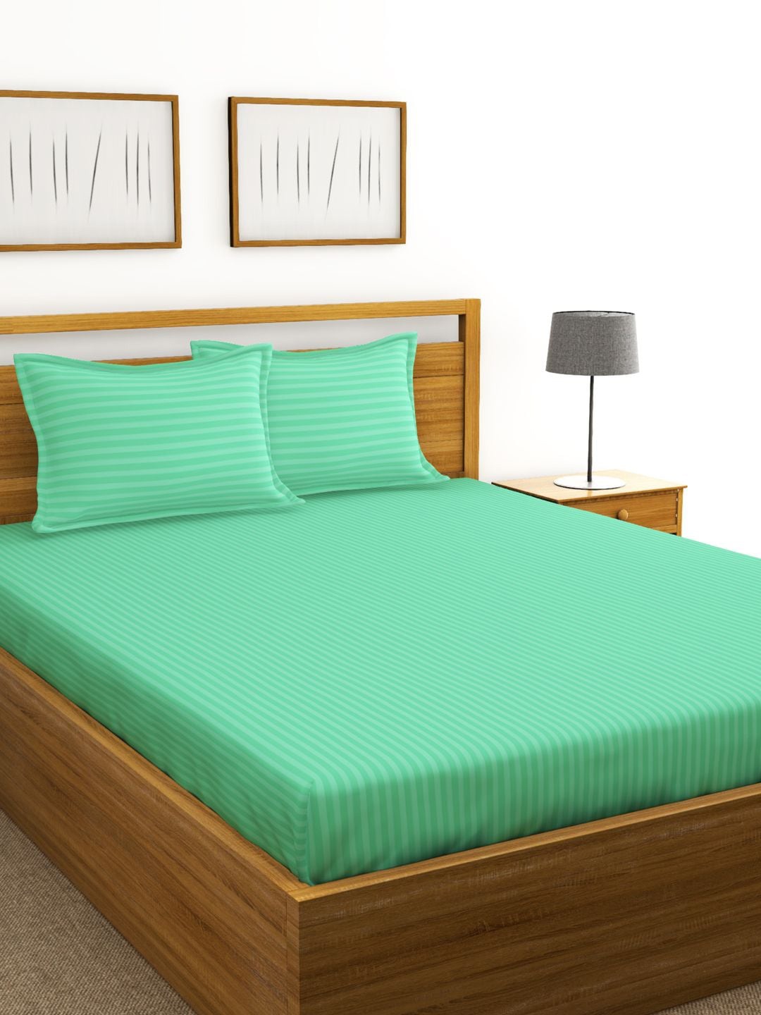 

BIANCA Green Striped Unisex cotton210 TC King Bedsheet with 2 Pillow Covers
