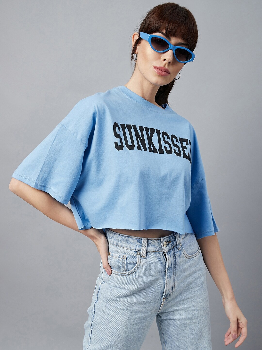 

CHIMPAAANZEE Women Blue & Black Typography Printed Oversized T-shirt
