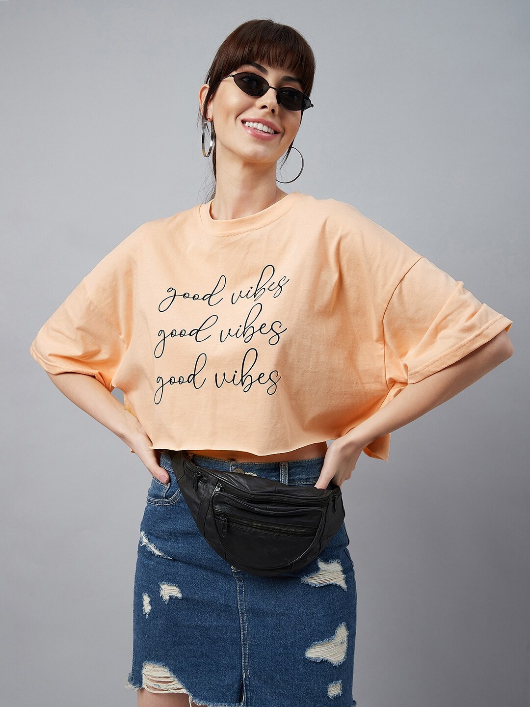 

CHIMPAAANZEE Women Orange Typography Printed Oversized T-shirt