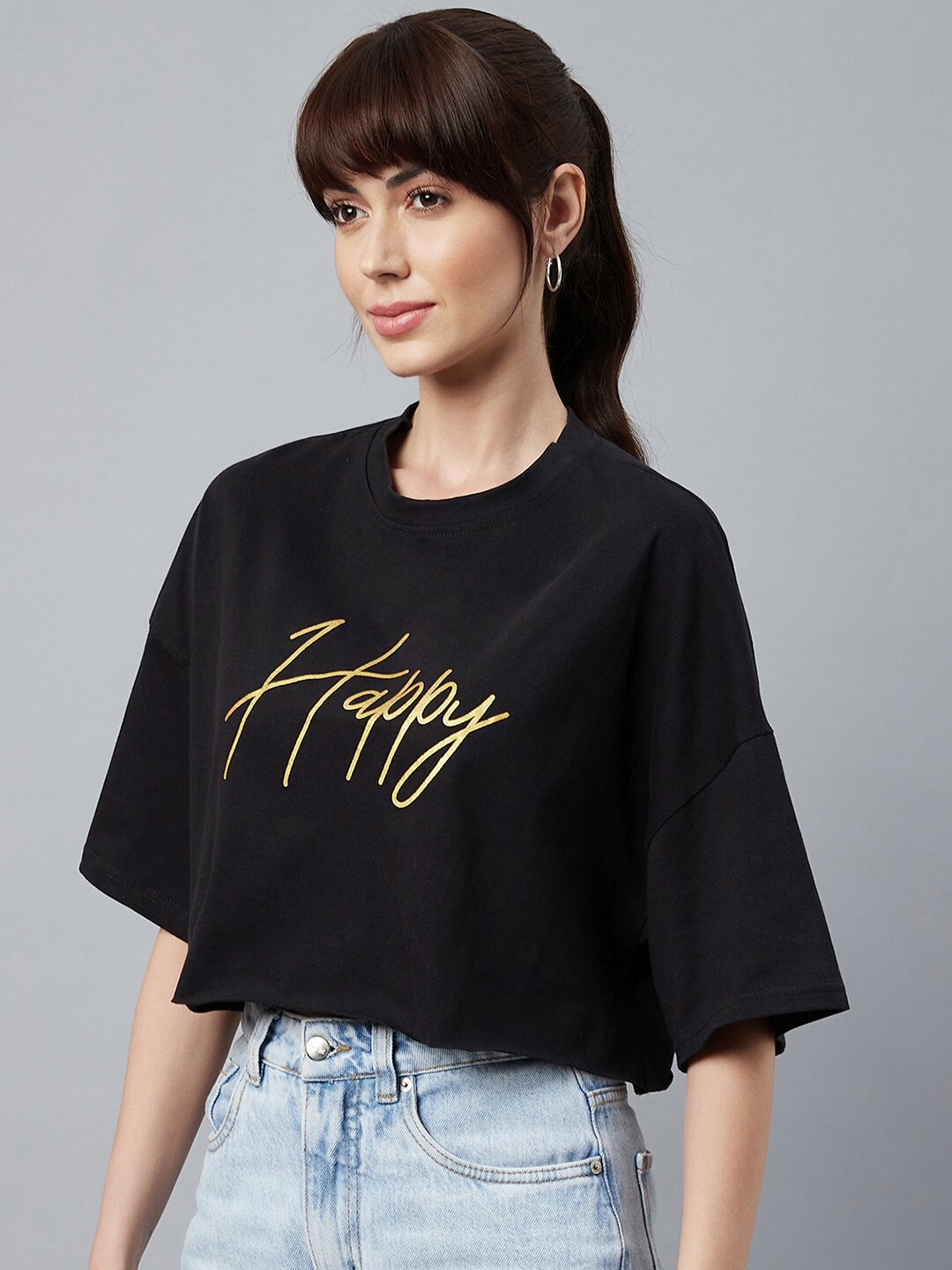 

CHIMPAAANZEE Women Black Typography Printed Applique Oversized T-shirt