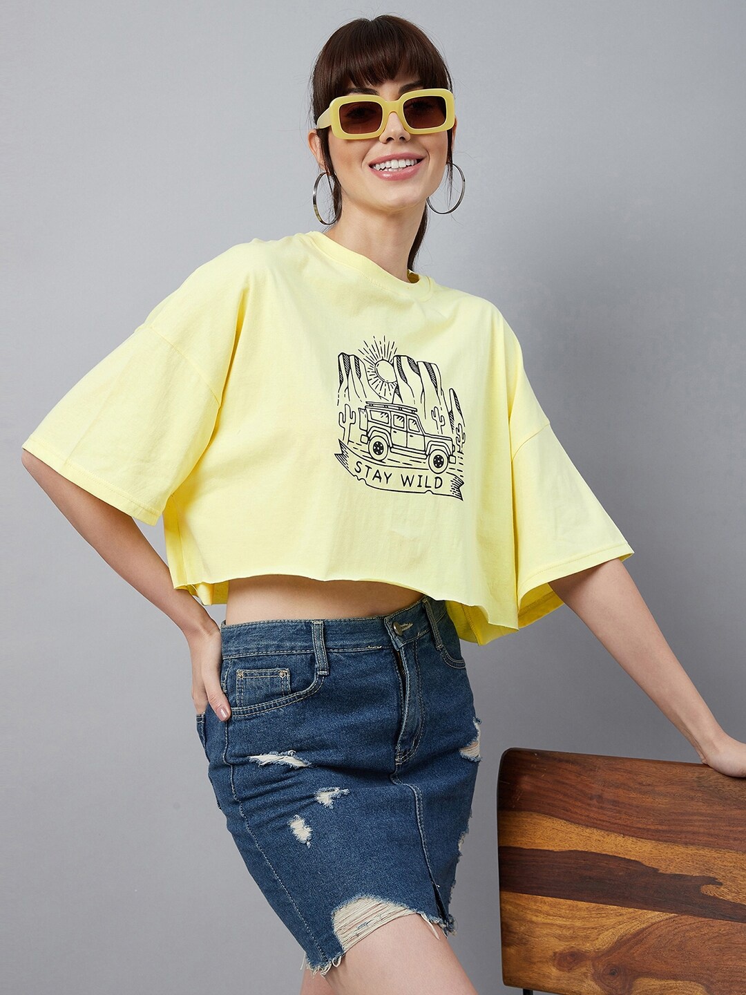 

CHIMPAAANZEE Women Yellow Typography Printed Oversized T-shirt