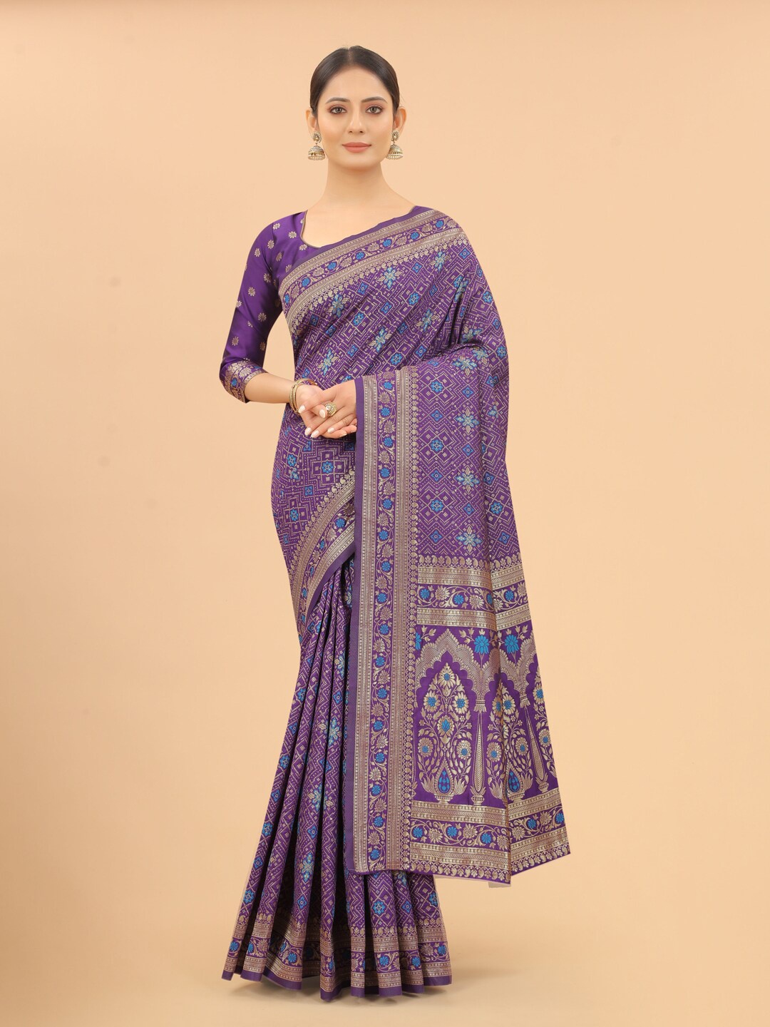 

WELL WORN Women Purple & Blue Woven Design Zari Silk Cotton Banarasi Saree