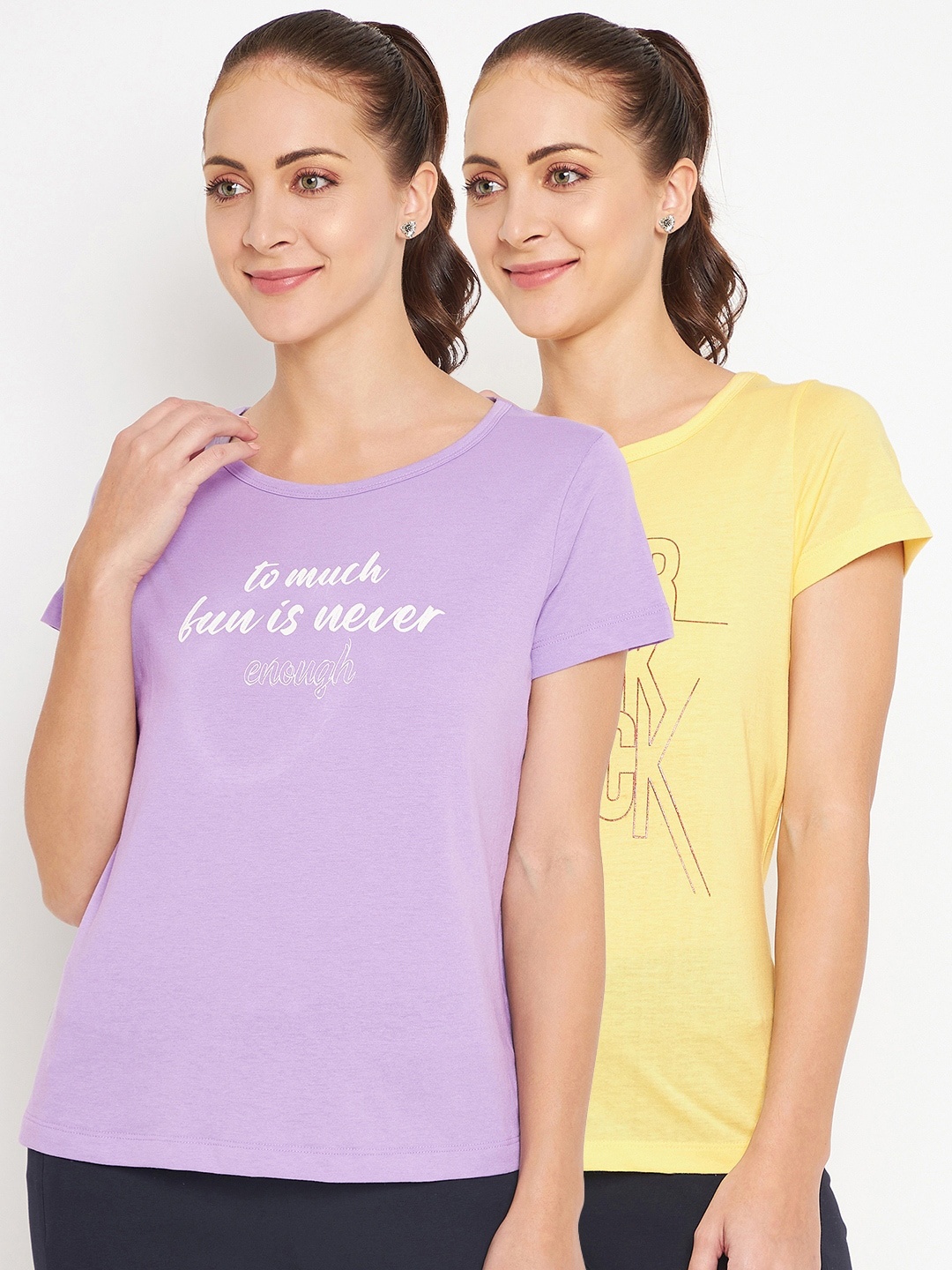

MADAME M SECRET Women Pack Of 2 Printed Cotton Lounge Tshirts, Yellow