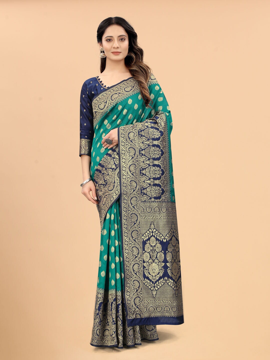 

WELL WORN Green & Navy Blue Woven Design Zari Silk Cotton Banarasi Saree