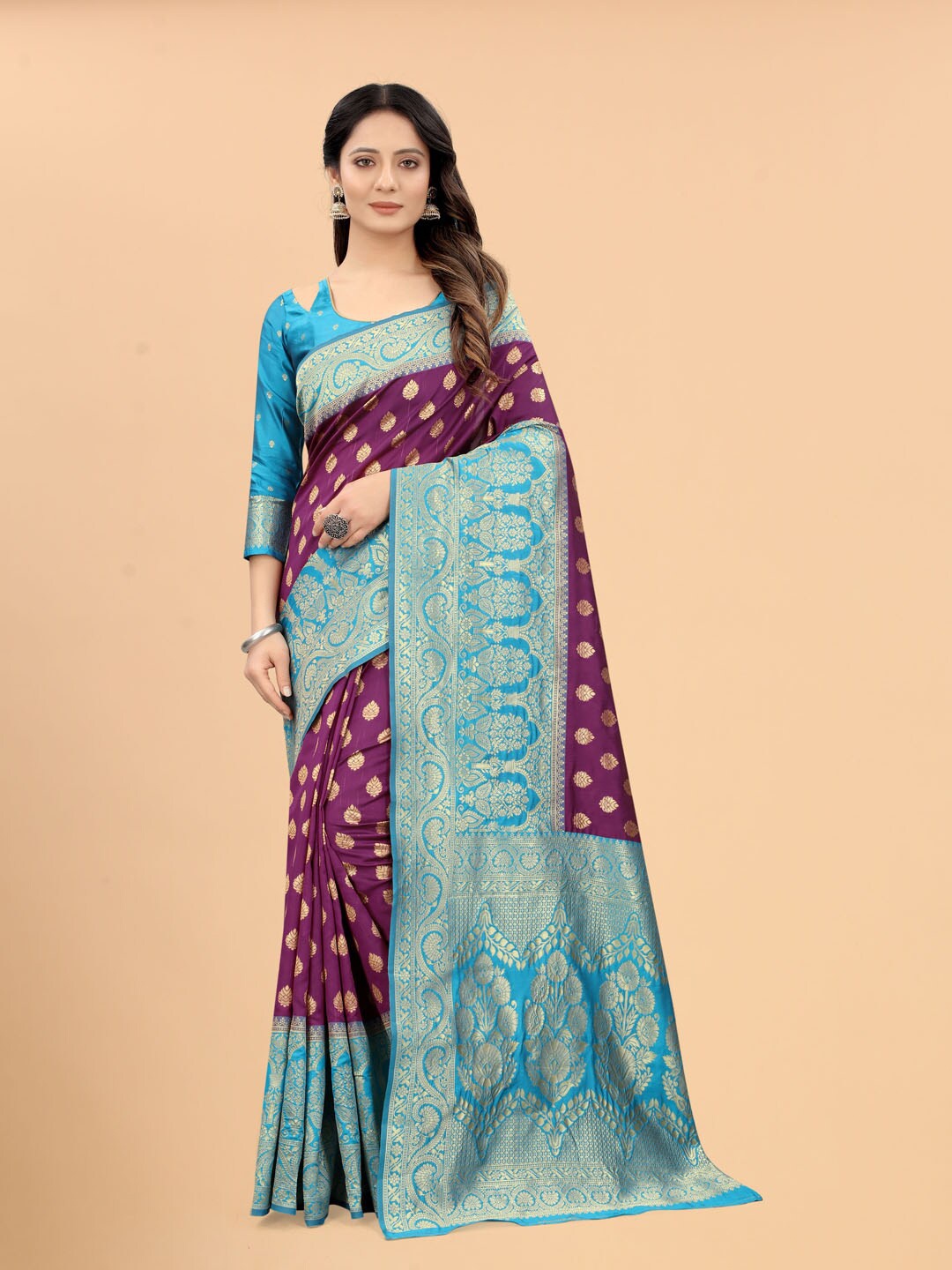 

WELL WORN Purple & Blue Woven Design Zari Silk Cotton Banarasi Saree