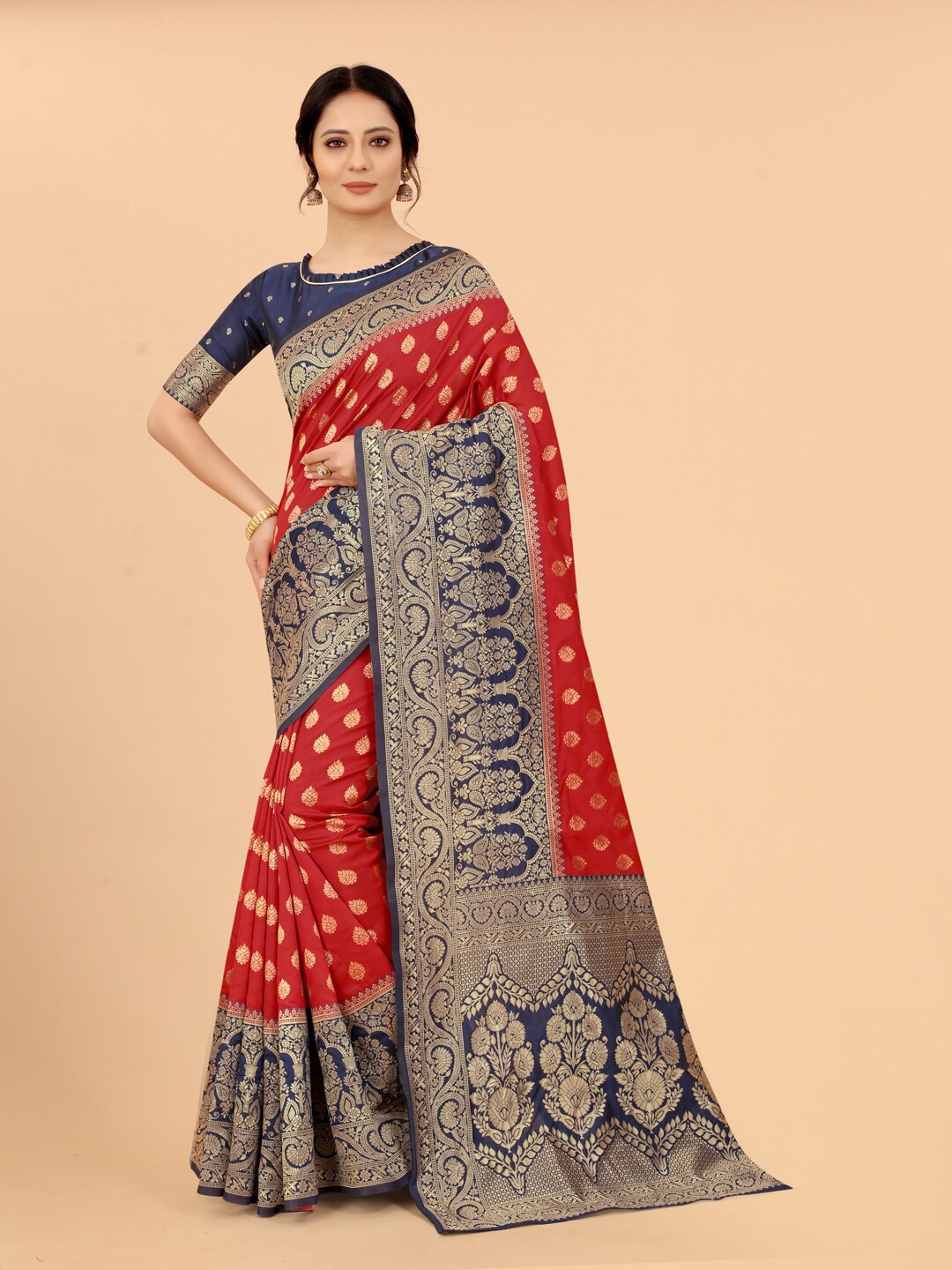 

WELL WORN Red & Navy Blue Woven Design Zari Silk Cotton Banarasi Saree