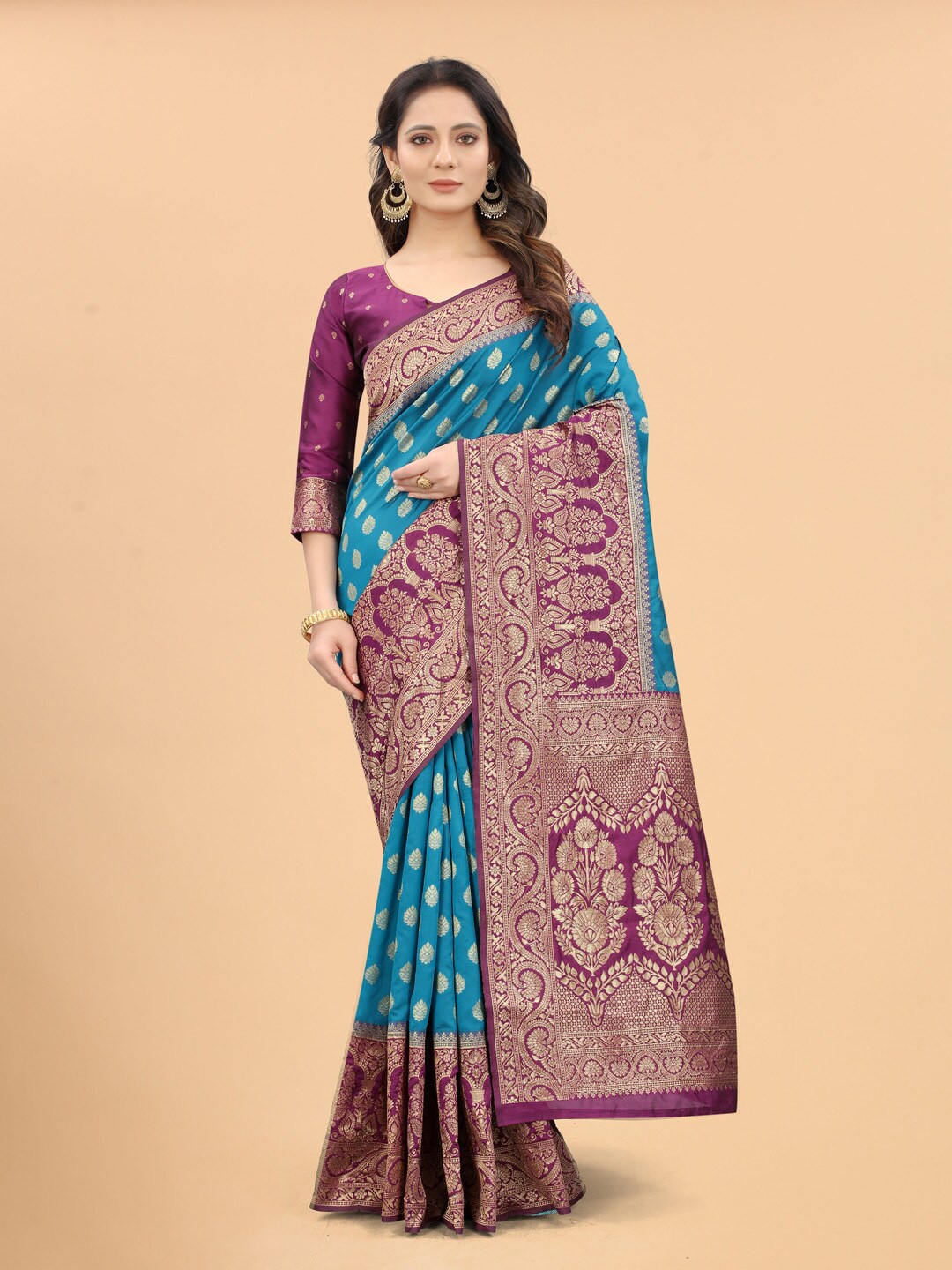 

WELL WORN Blue & Purple Woven Design Zari Silk Cotton Banarasi Saree