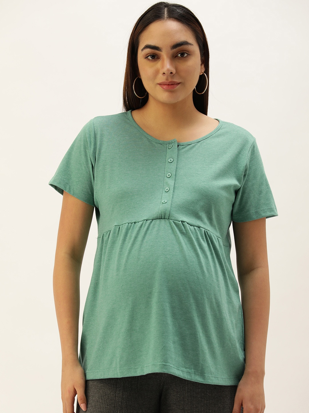 

Nejo Sea Green Pure Cotton Solid Maternity Top