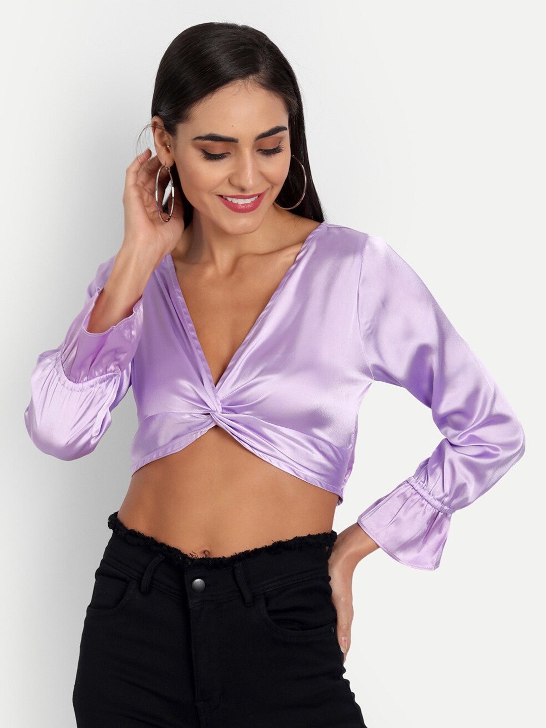 

ESSQUE Lavender Women Satin Front Twist Top Crop Top