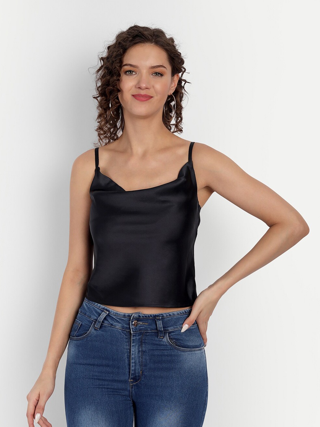

ESSQUE Women Navy Blue Cowl Neck Tank Top