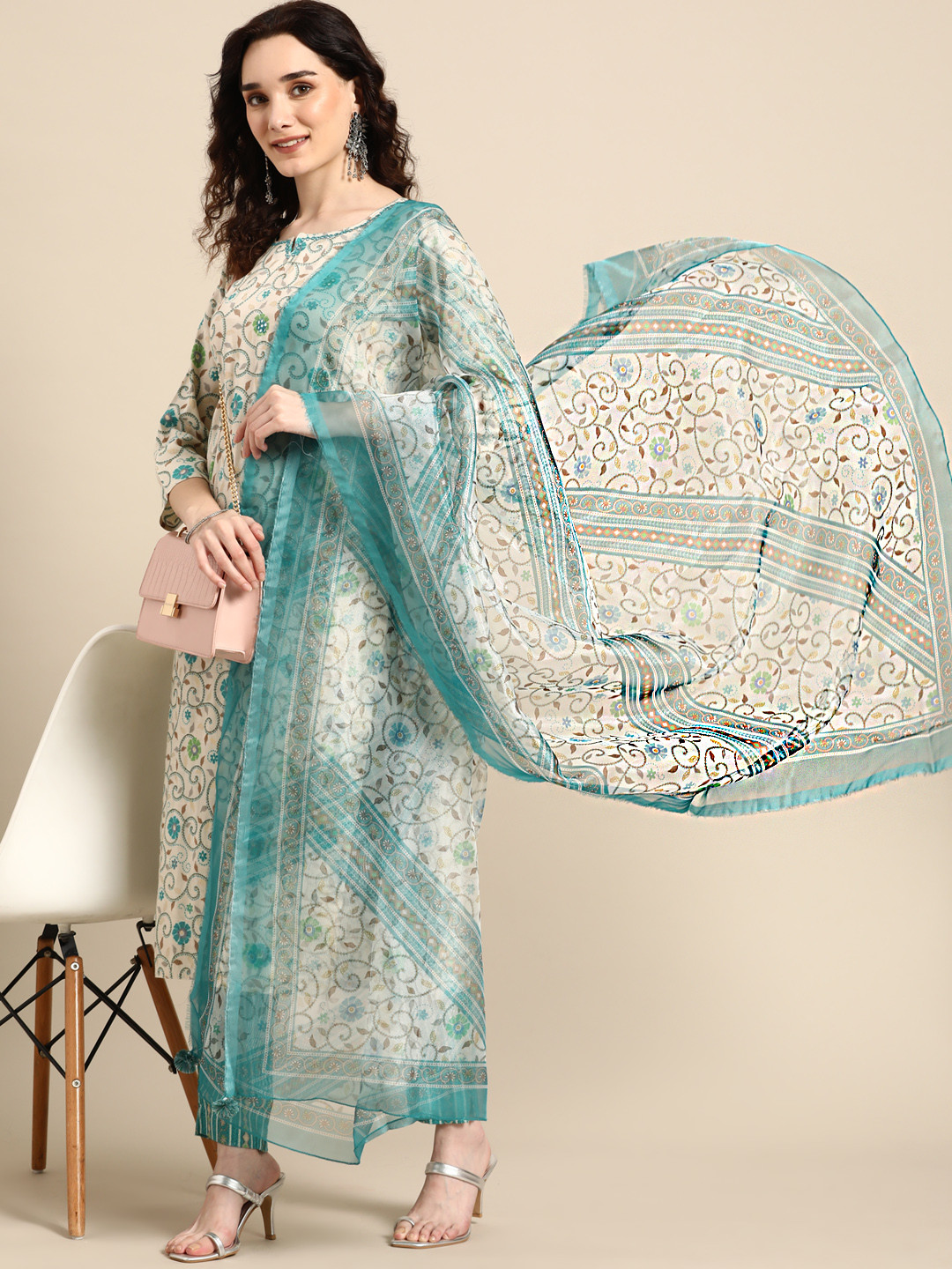 

Sangria Women Sea Green Bandhani Printed Mirror Work Kurta with Trousers & Dupatta