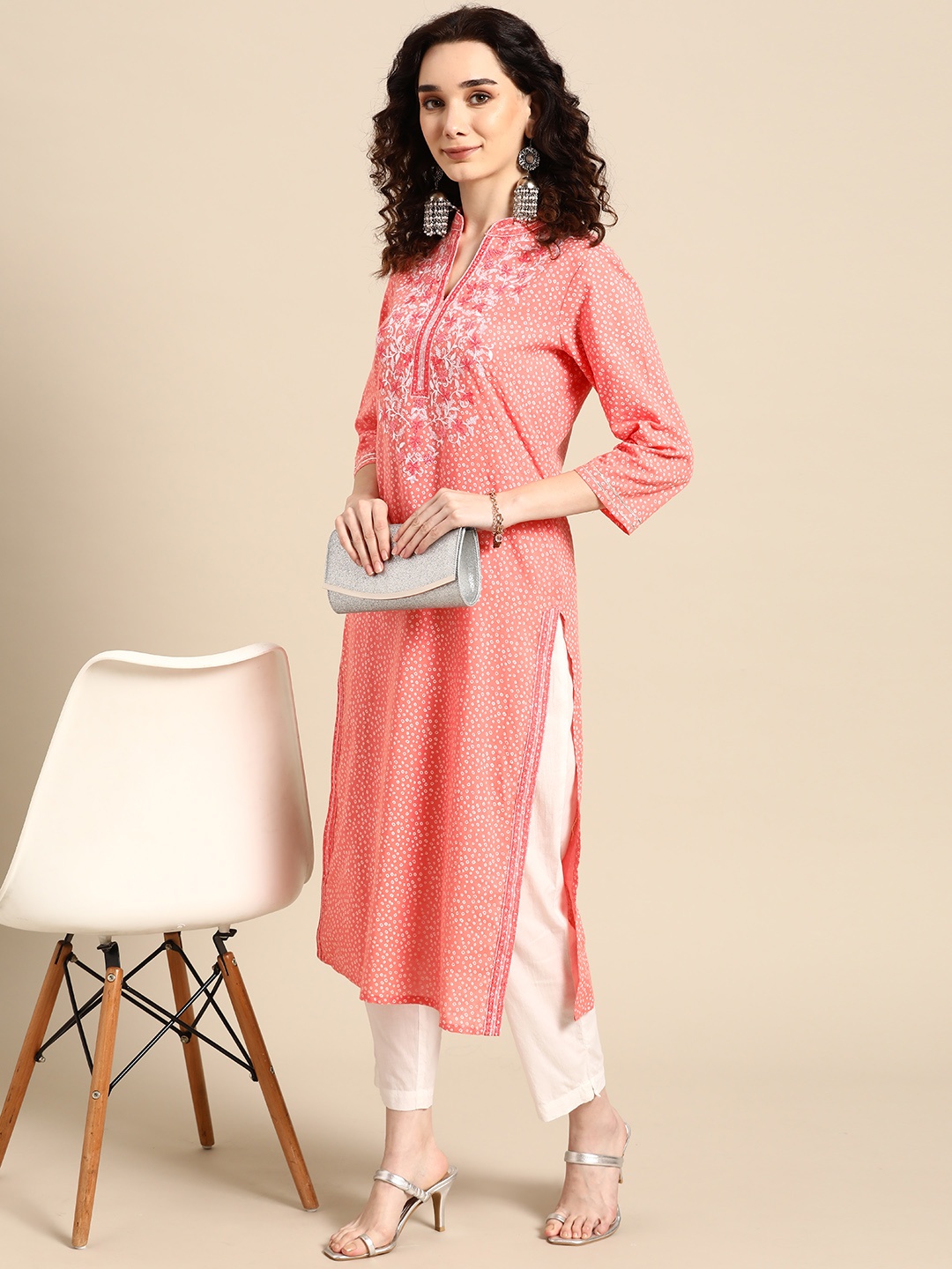 

Sangria Women Pink Bandhani Printed Thread Work Pastels Kurta