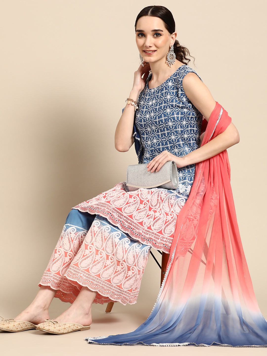 

Sangria Women Blue Ombre Embroidered Chikankari Pure Cotton Kurta with Palazzos & Dupatta
