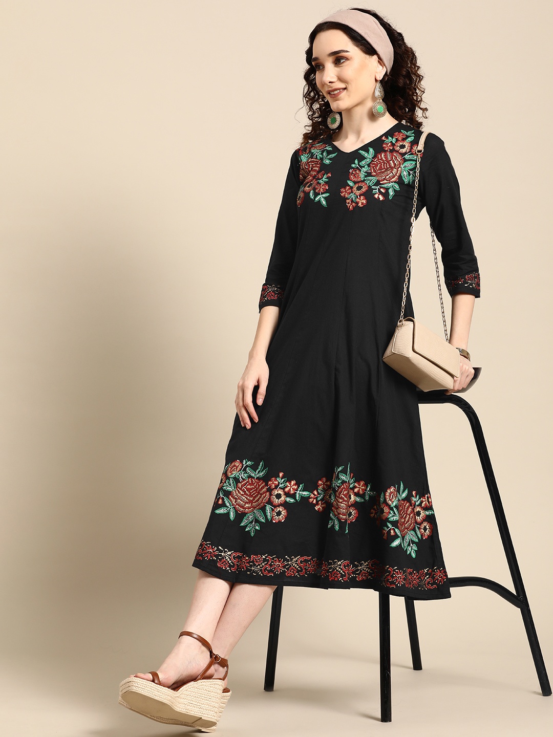 

Sangria Black Floral Embroidered Ethnic Midi Dress