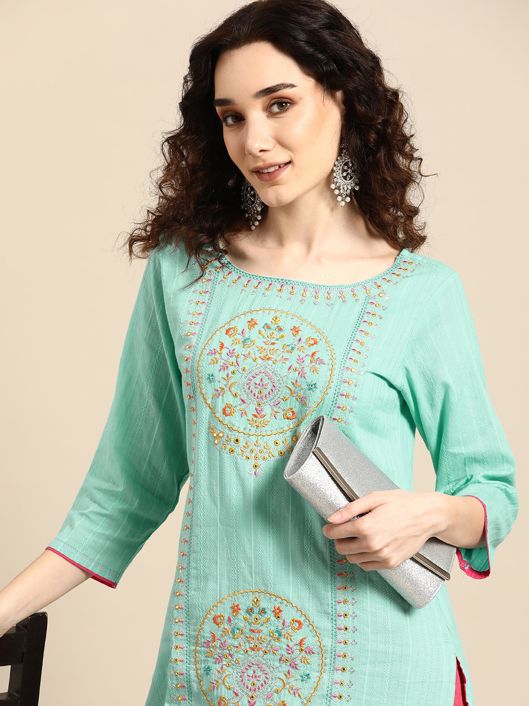

Sangria Women Turquoise Blue Floral Embroidered Thread Work Pastels Kurta
