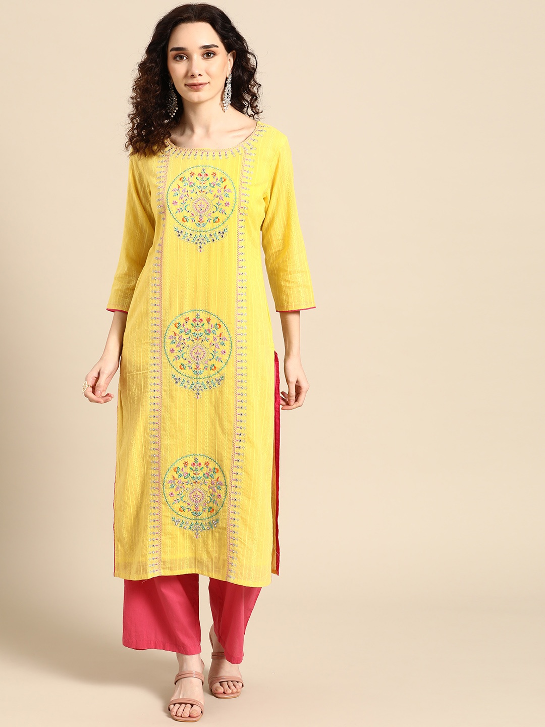 

Sangria Women Yellow Floral Embroidered Thread Work Pastels Kurta