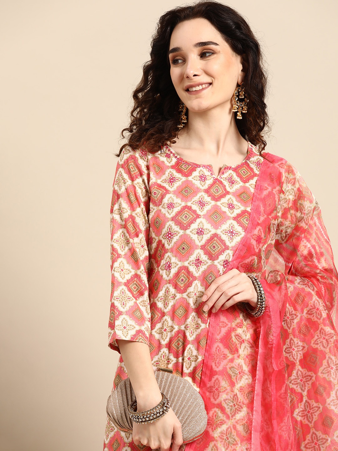 

Sangria Women Coral Ethnic Motifs Printed Mirror Work Kurta with Trousers & Dupatta