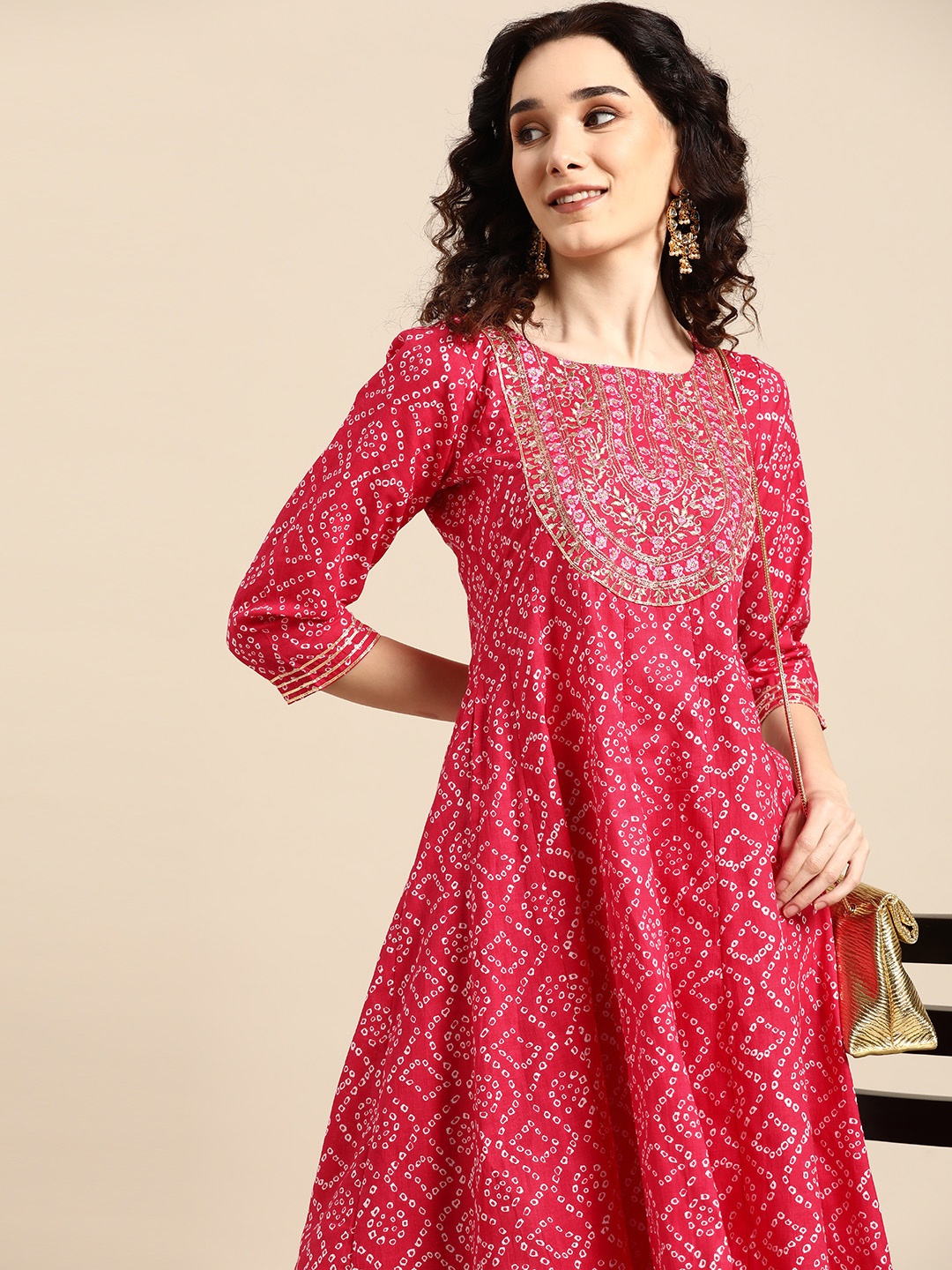 

Sangria Pink Bandhani Printed Ethnic Maxi Dress