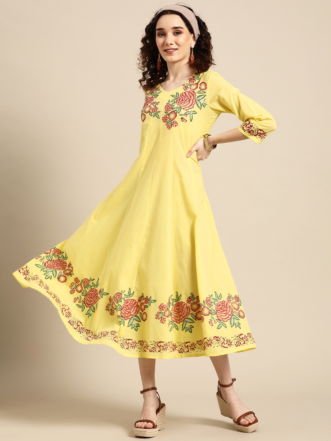 

Sangria Yellow Floral Embroidered Ethnic Maxi Dress