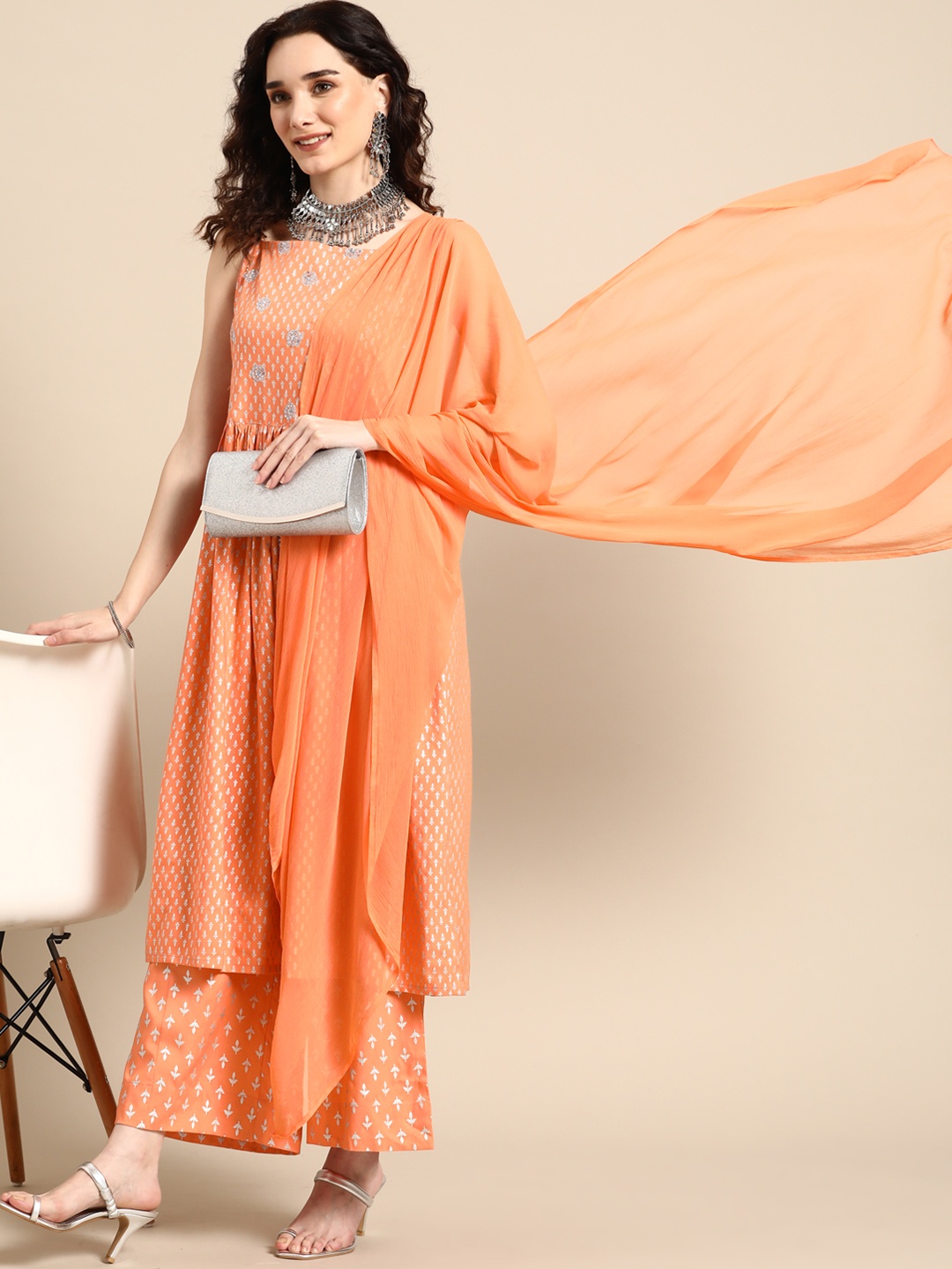

Sangria Women Coral Embroidered Sequinned Kurta with Palazzos & Dupatta