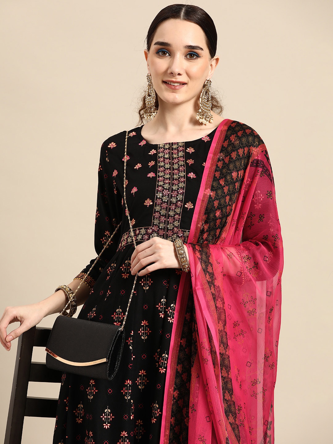 

Sangria Women Black Floral Printed Sequinned Kurta with Trousers & Dupatta