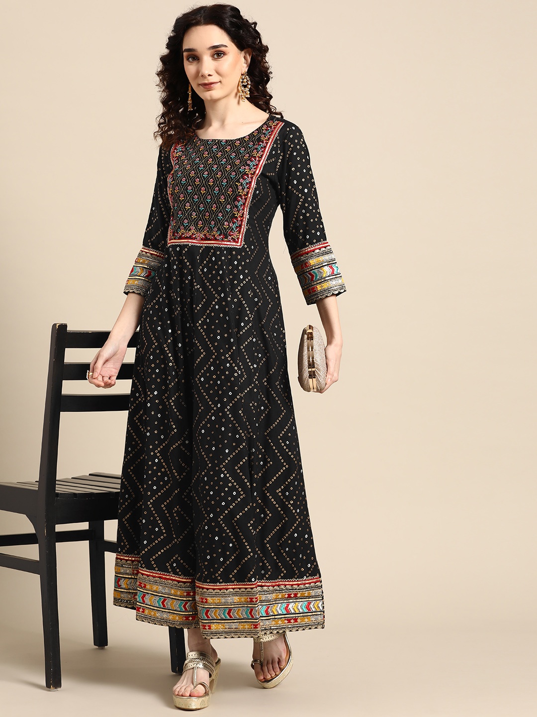 

Sangria Black Bandhani Printed Ethnic Maxi Dress