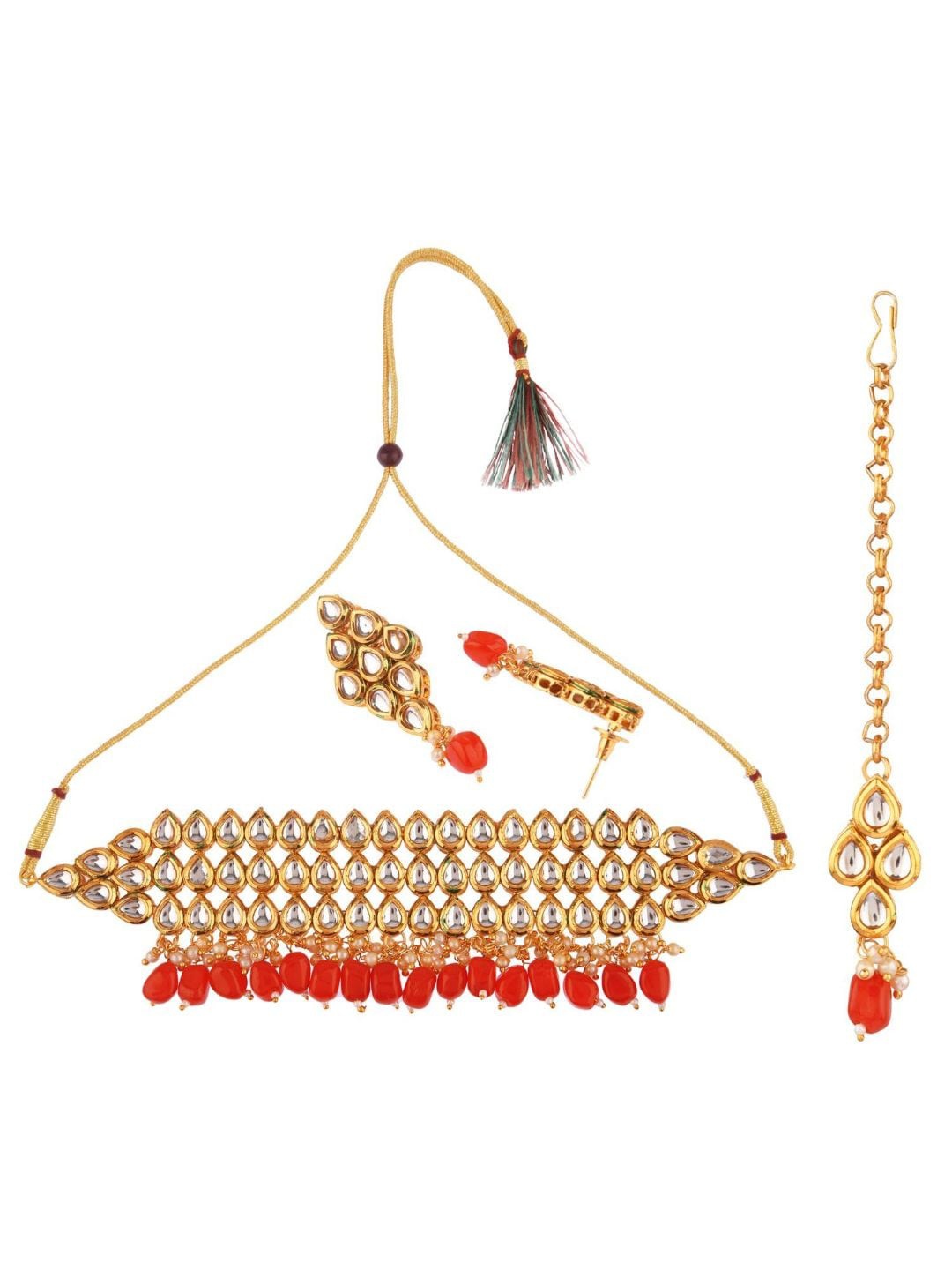 

Efulgenz Gold-Plated & White Stone-Studded & Beaded Jewellery Set