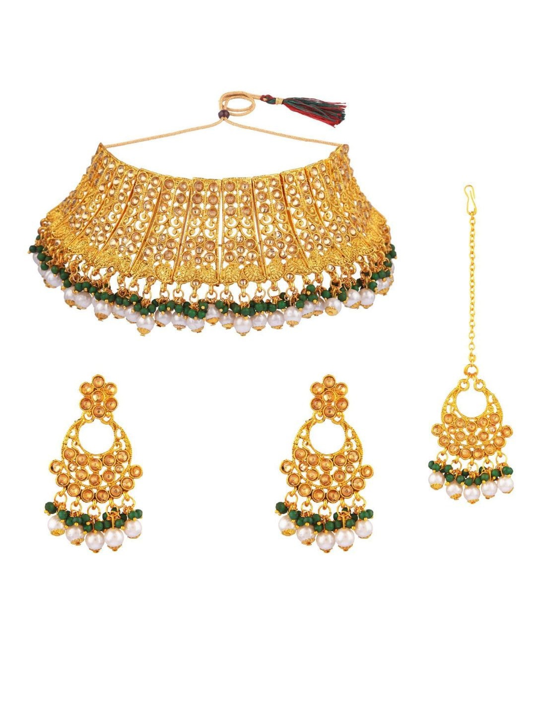 

Efulgenz Gold-Plated Green & White Stone Studded Antique Jewellery Set