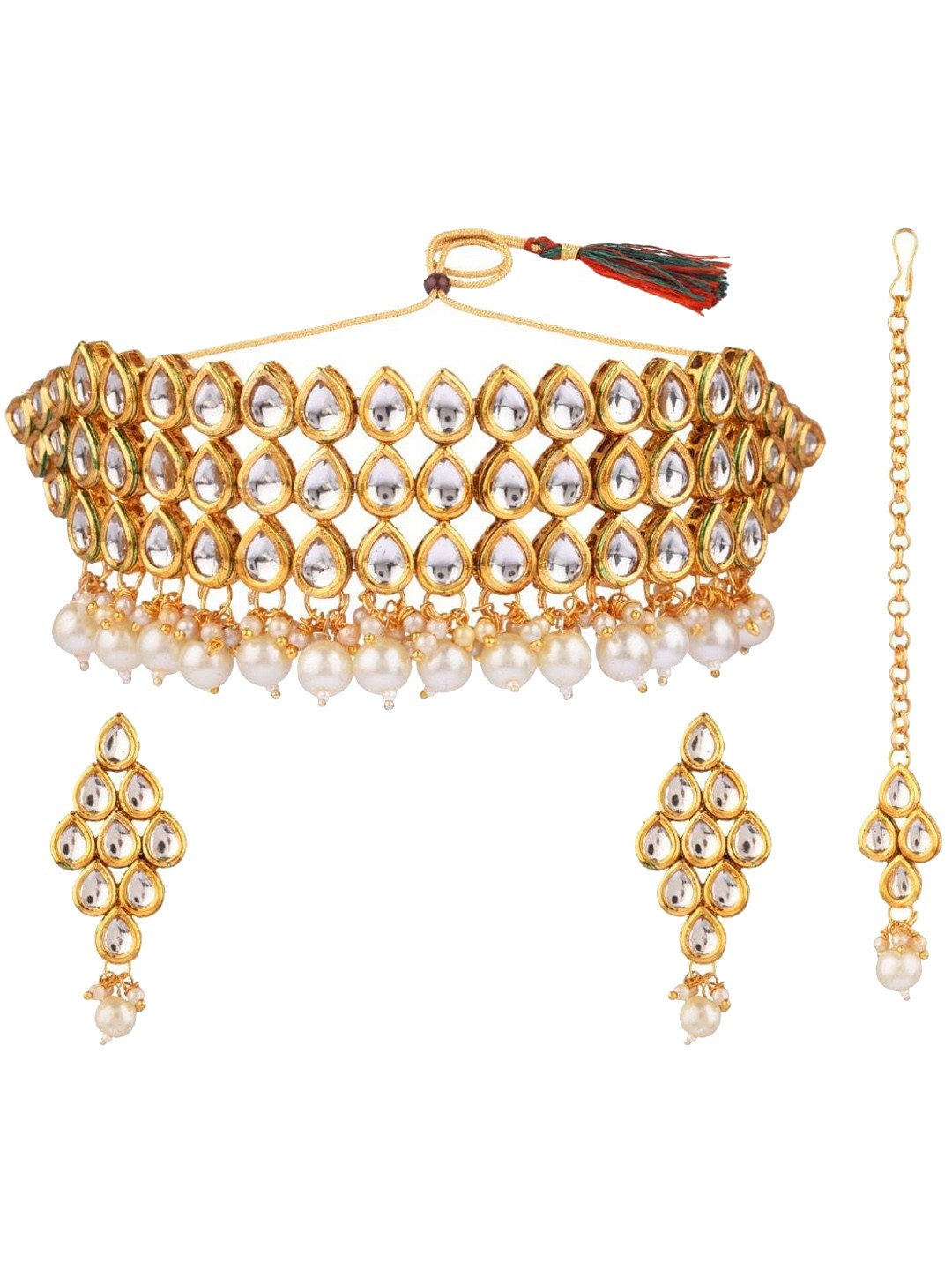 

Efulgenz Gold-Plated White Stone-Studded & Pearl Beaded Jewellery Set