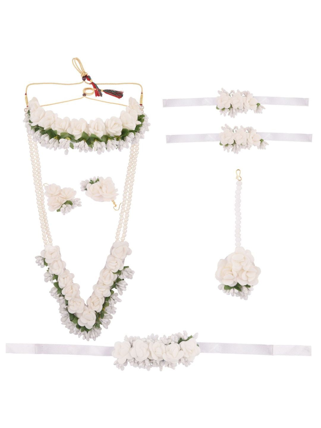 

Efulgenz Women White & Green Beaded Haldi Floral Designer Jewelry Set