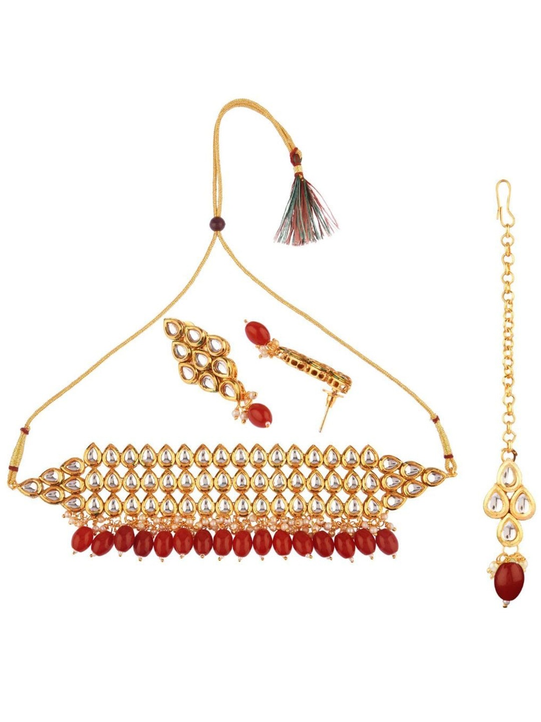 

Efulgenz Women Gold-Plated White & Maroon Stone-Studded & Pearl Beaded Jewellery Set