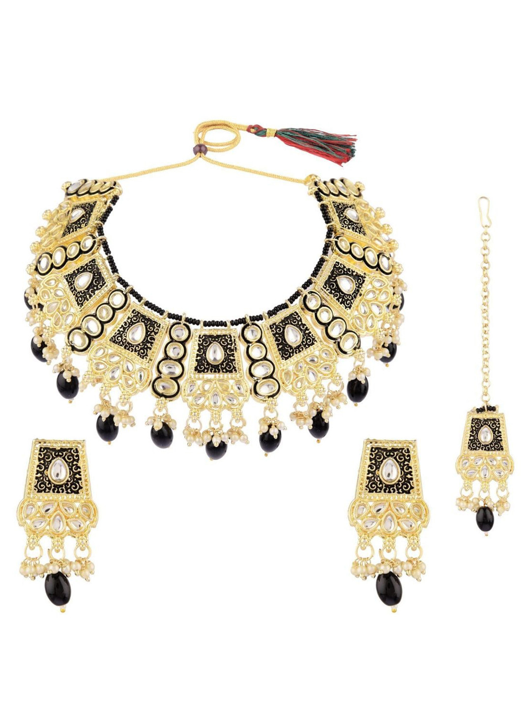 

Efulgenz Gold-Plated White & Black Kundan-Studded & Pearl Beaded Jewellery Set