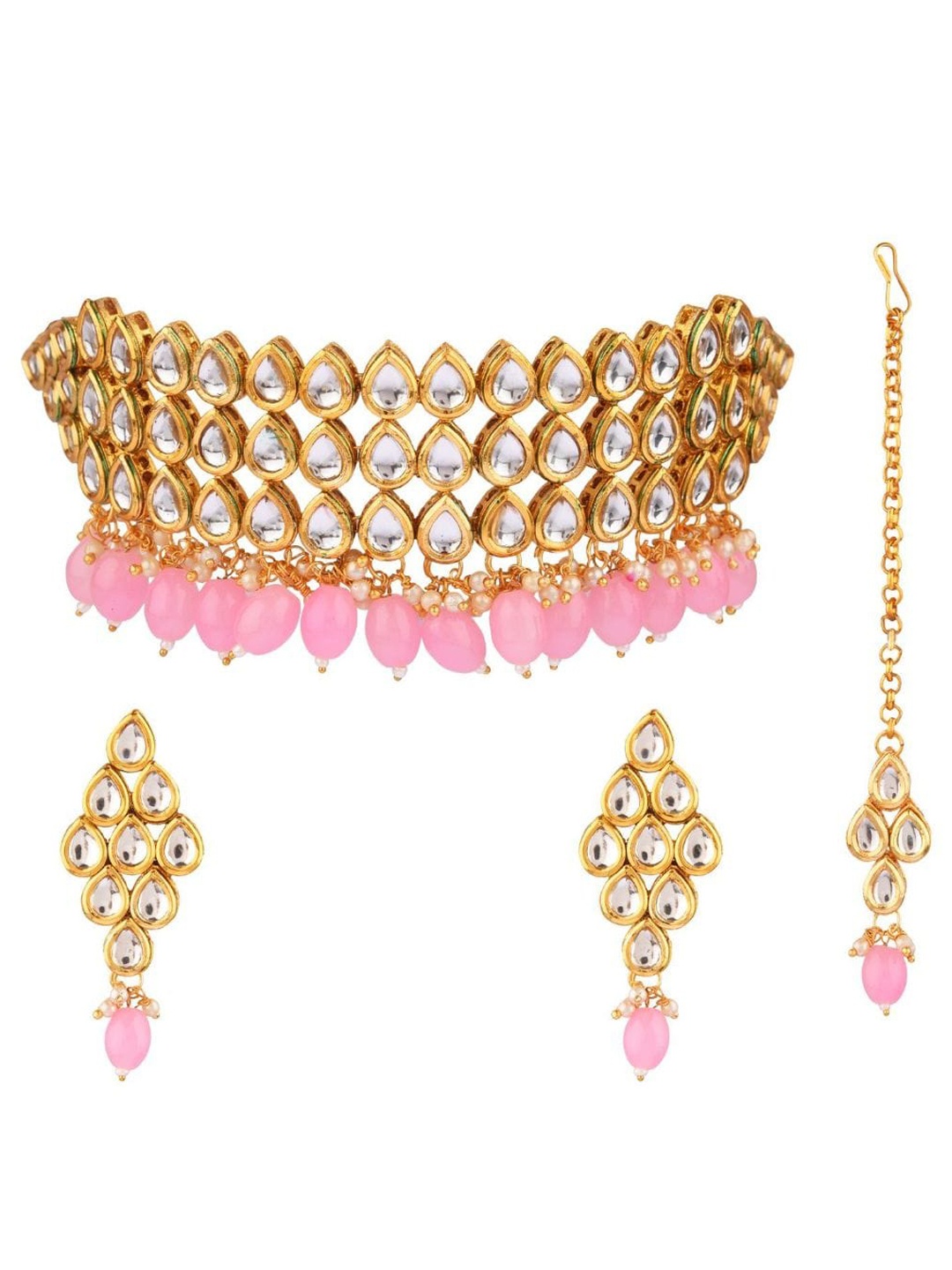 

Efulgenz Gold-Plated White & Pink Stone-Studded & Pearl Beaded Jewellery Set