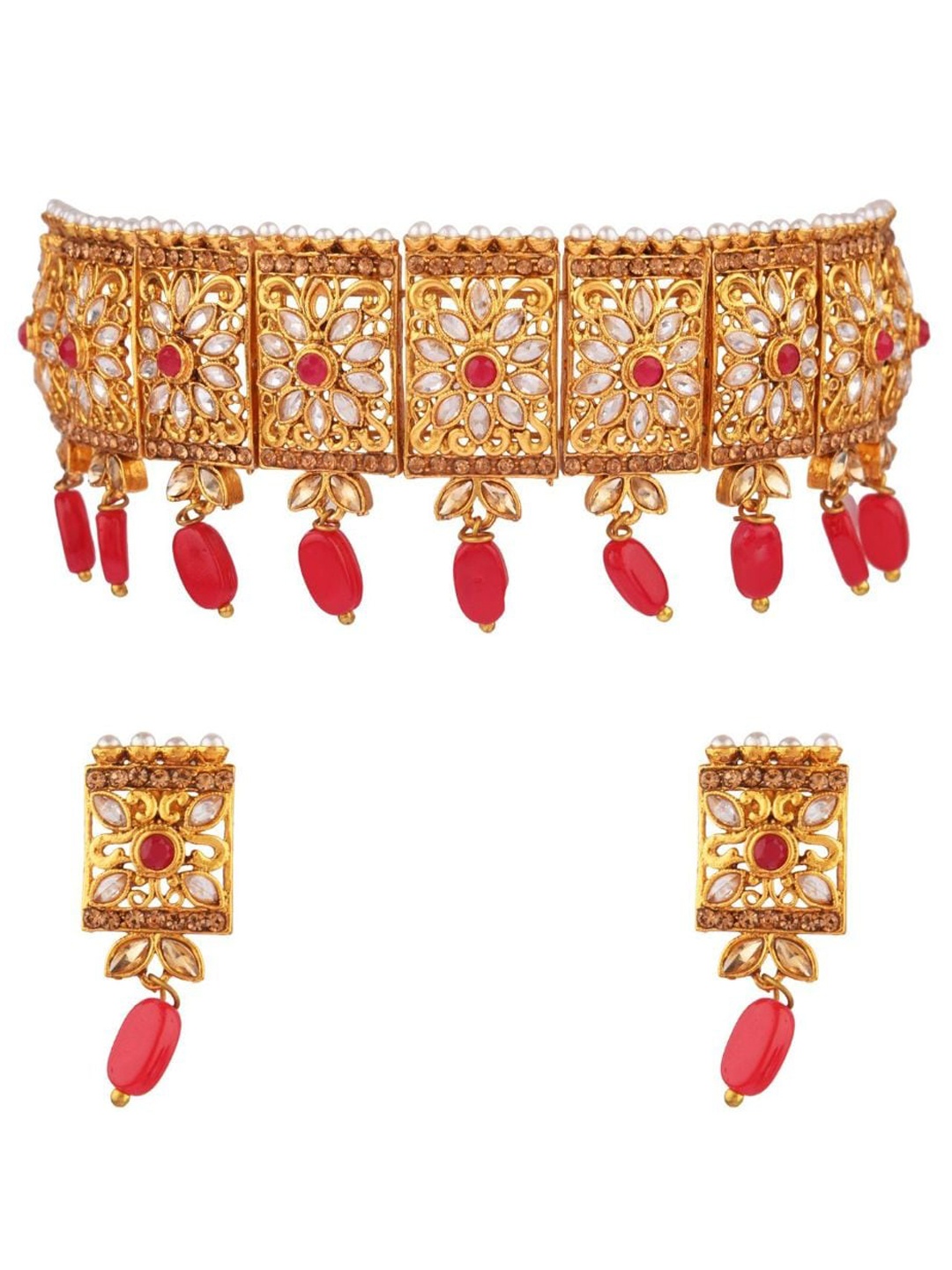 

Efulgenz Gold-Plated Red & White Stone-Studded & Beaded Jewellery Set