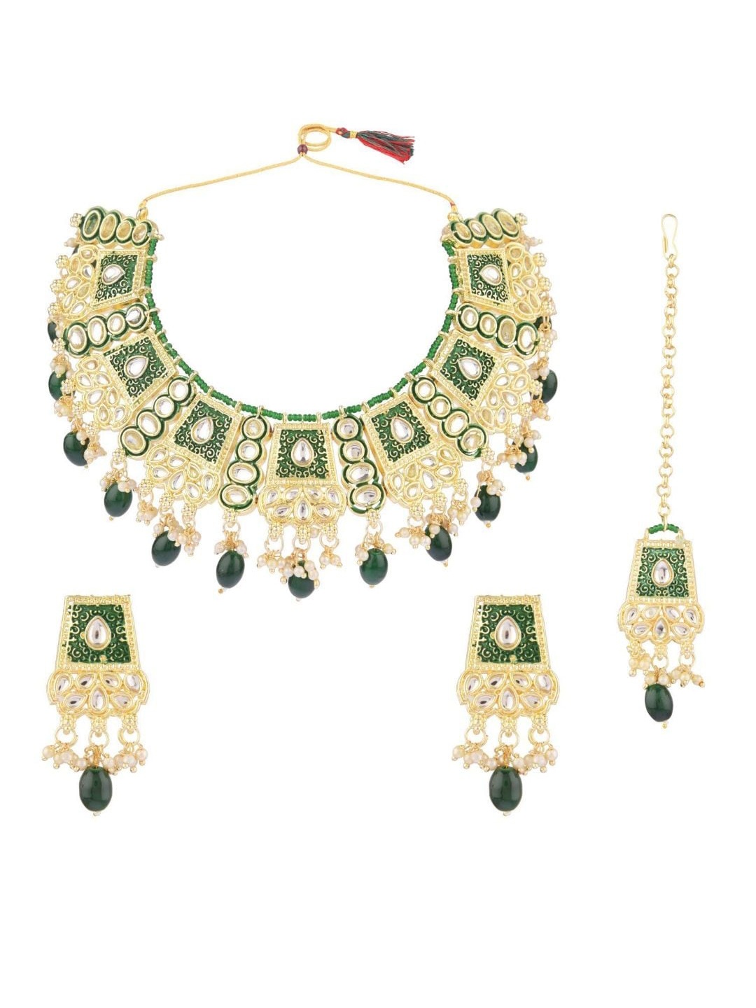 

Efulgenz Gold-Plated White & Green Kundan-Studded & Pearl Beaded Jewellery Set