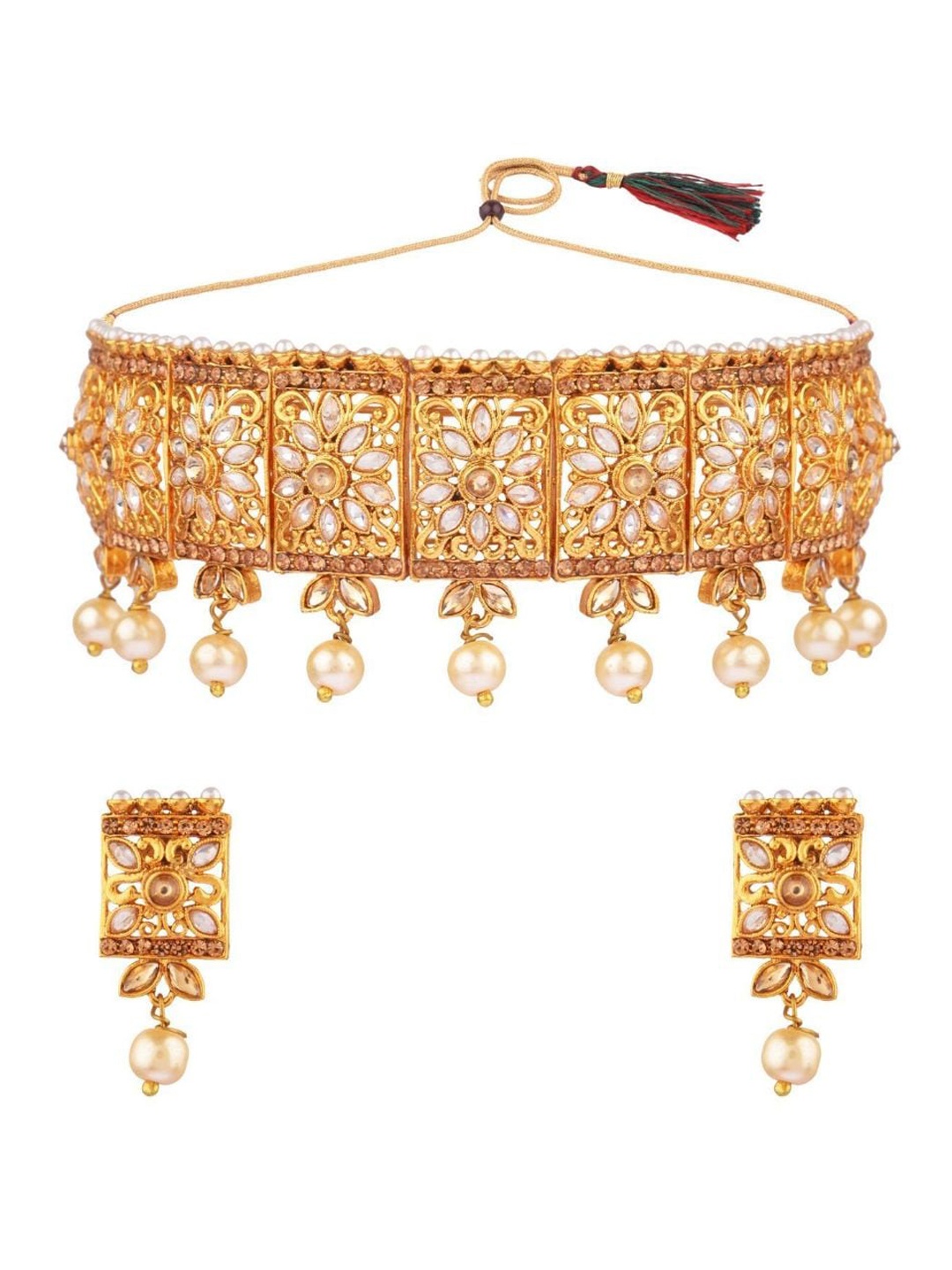 

Efulgenz Gold-Plated White Studded Traditional Bridal Jewelry Set