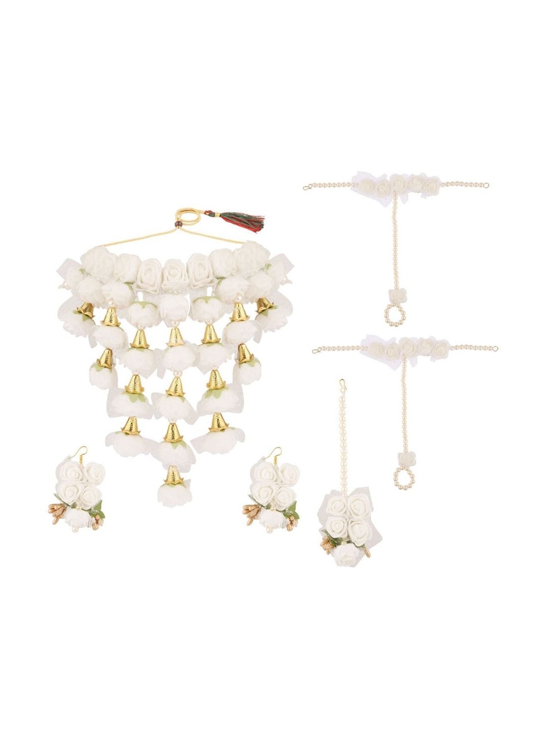 

Efulgenz White & Green Beaded Haldi Floral Designer Jewellery Set