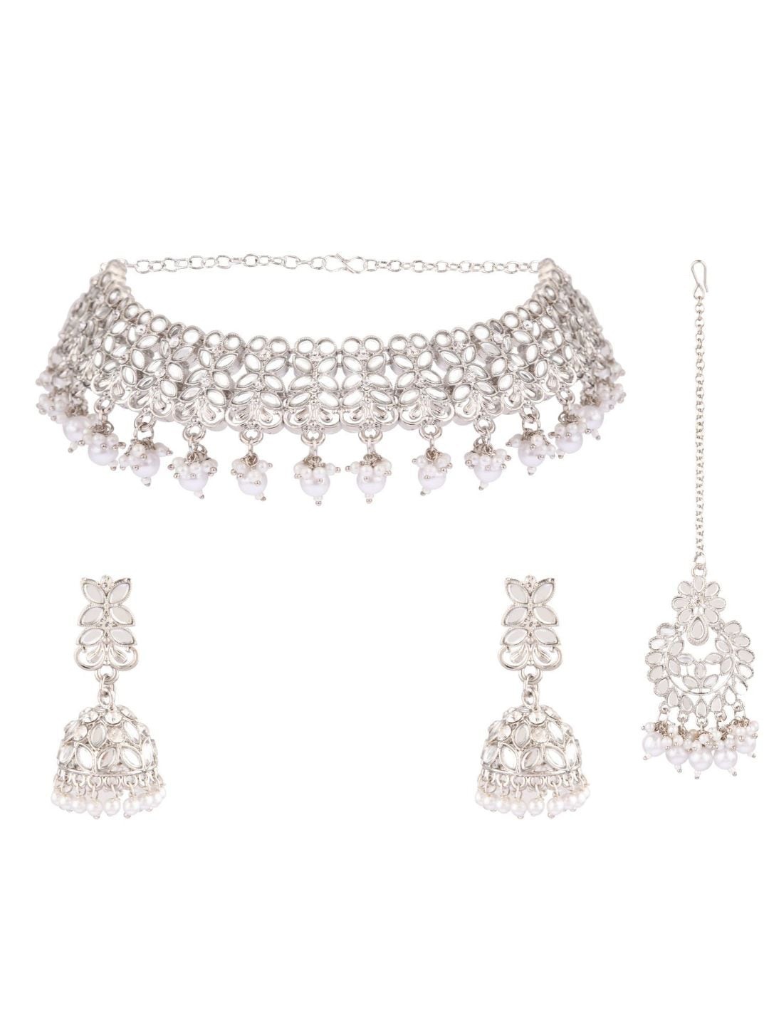 

Efulgenz Rhodium-Plated Silver-Toned & White Crystal -Studded Traditional Bridal Jewelry Set