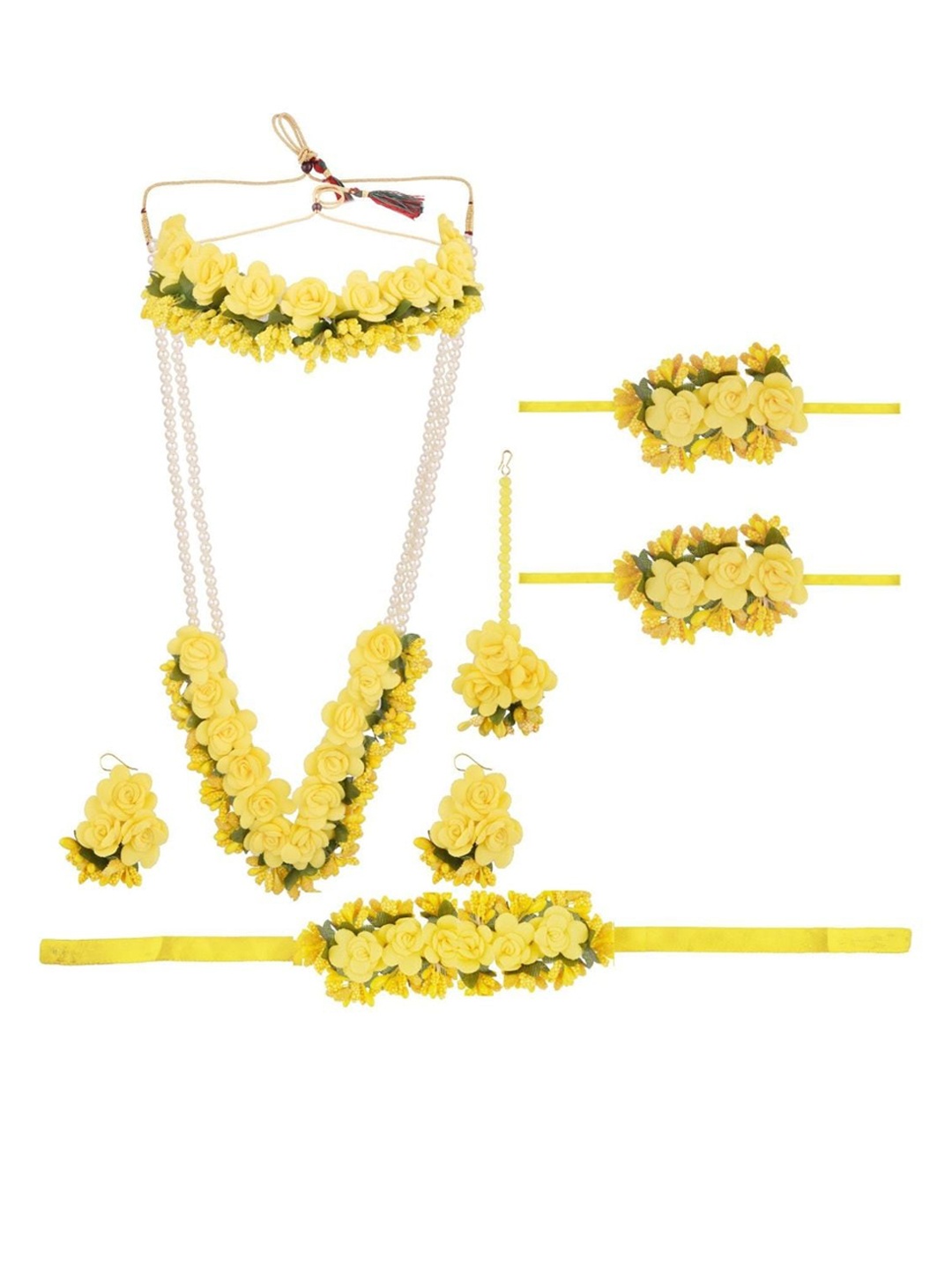 

Efulgenz Yellow Beaded Bridal Floral Haldi Jewellery Set