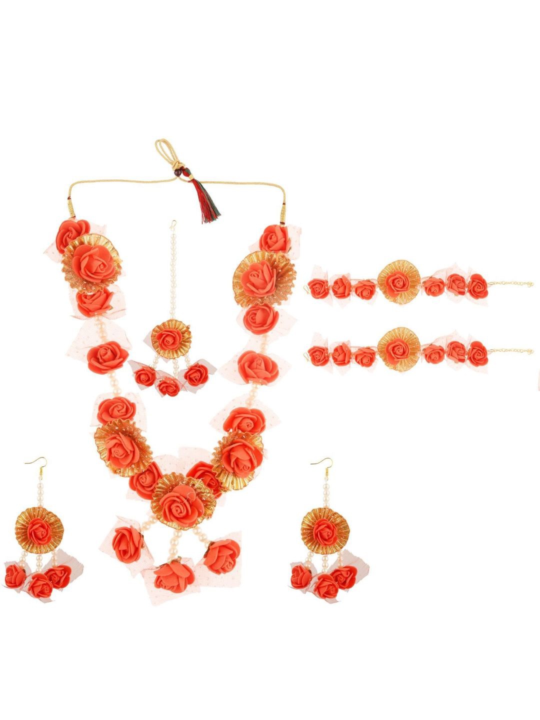 

Efulgenz Red Bridal Haldi Flower Beaded Jewellery Set