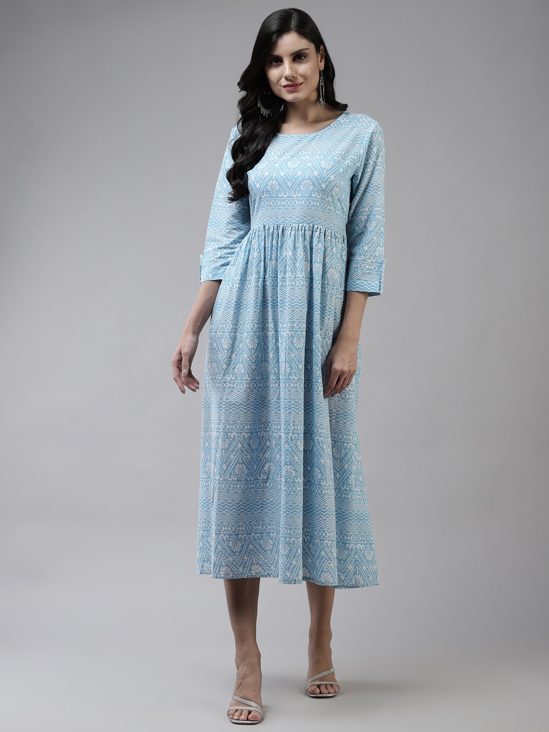 

Yufta Blue & White Ethnic Motifs Cotton Ethnic Midi Dress