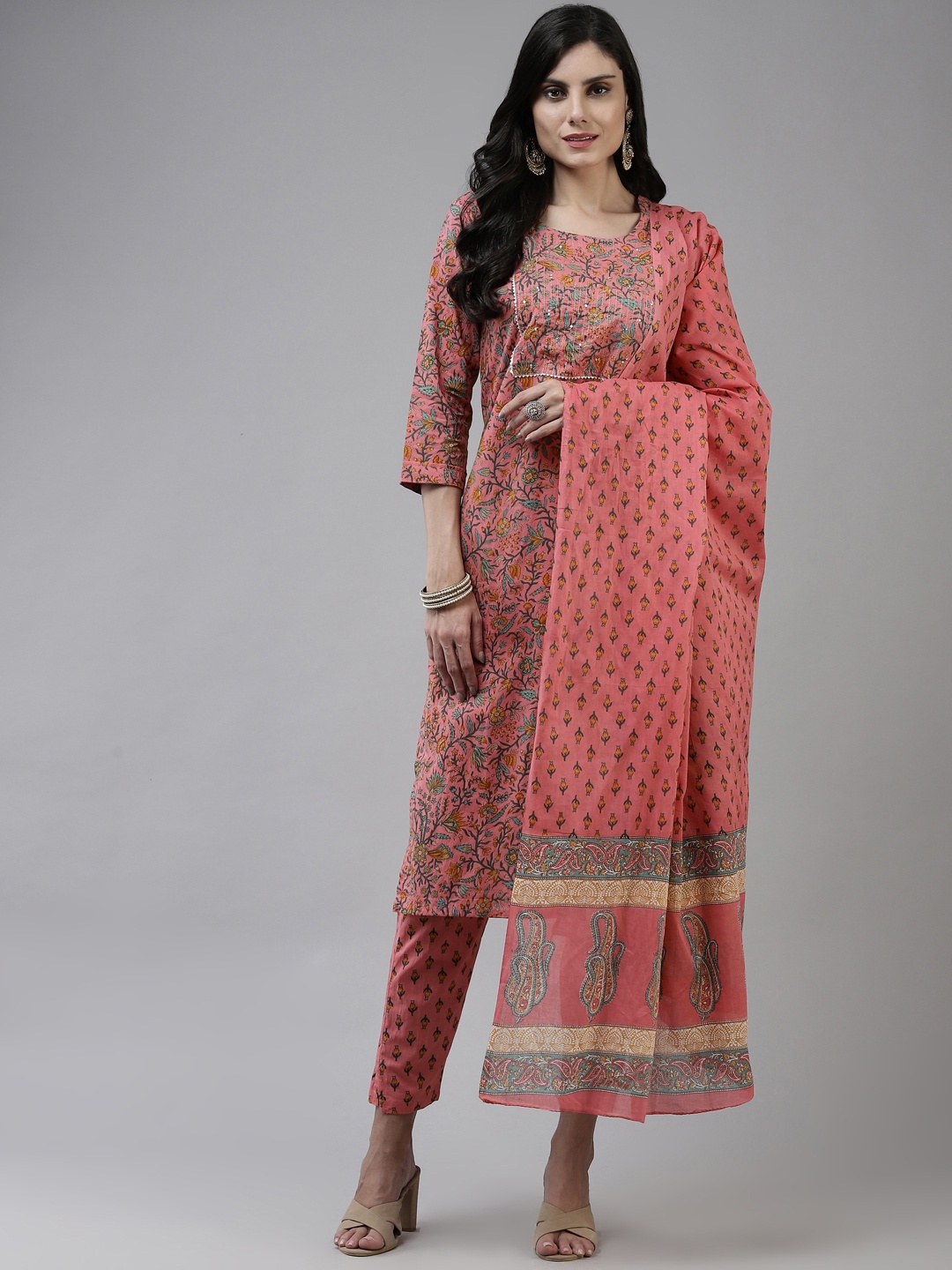 

Yufta Women Pink Ethnic Motifs Printed Gotta Patti Cotton Kurta with Trousers & Dupatta