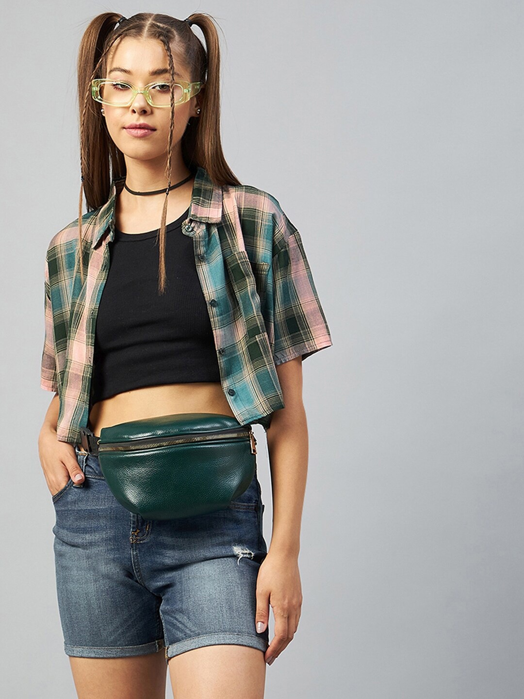 

CHIMPAAANZEE Women Green Checked Relaxed Boxy Casual Shirt