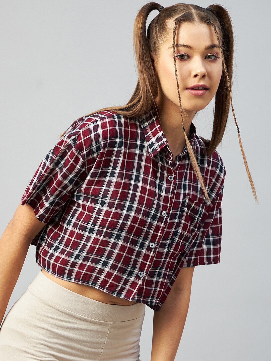 

CHIMPAAANZEE Women Maroon Relaxed Boxy Tartan Checks Checked Casual Shirt