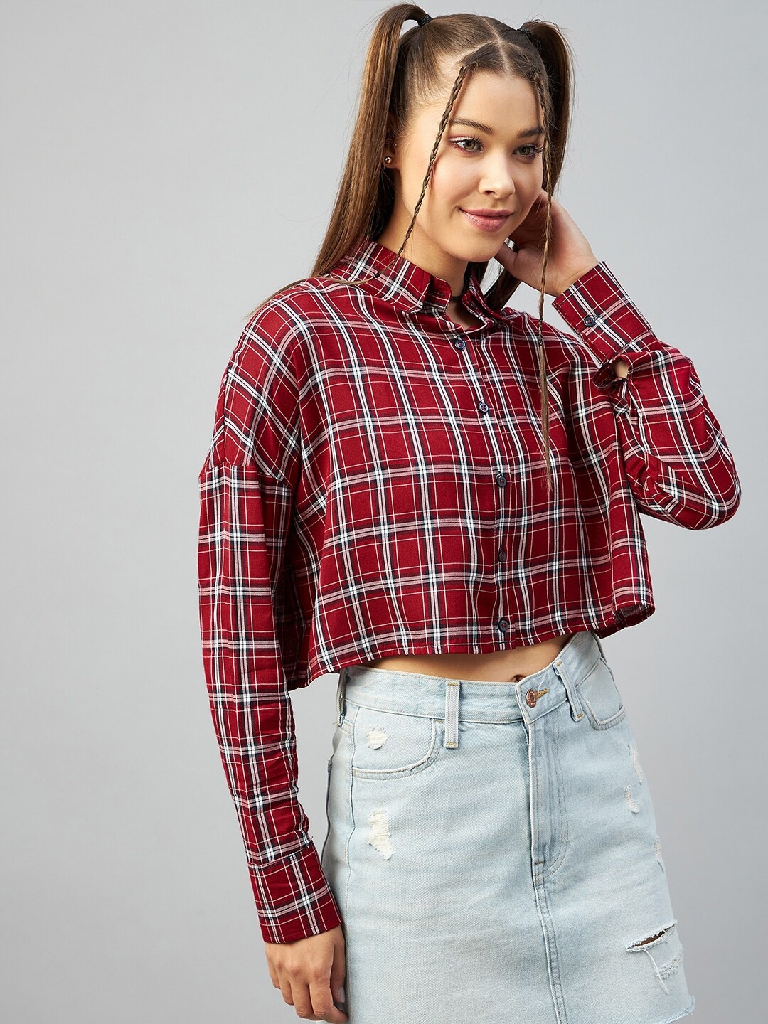 

CHIMPAAANZEE Women Red Relaxed Checked Crop Shirt