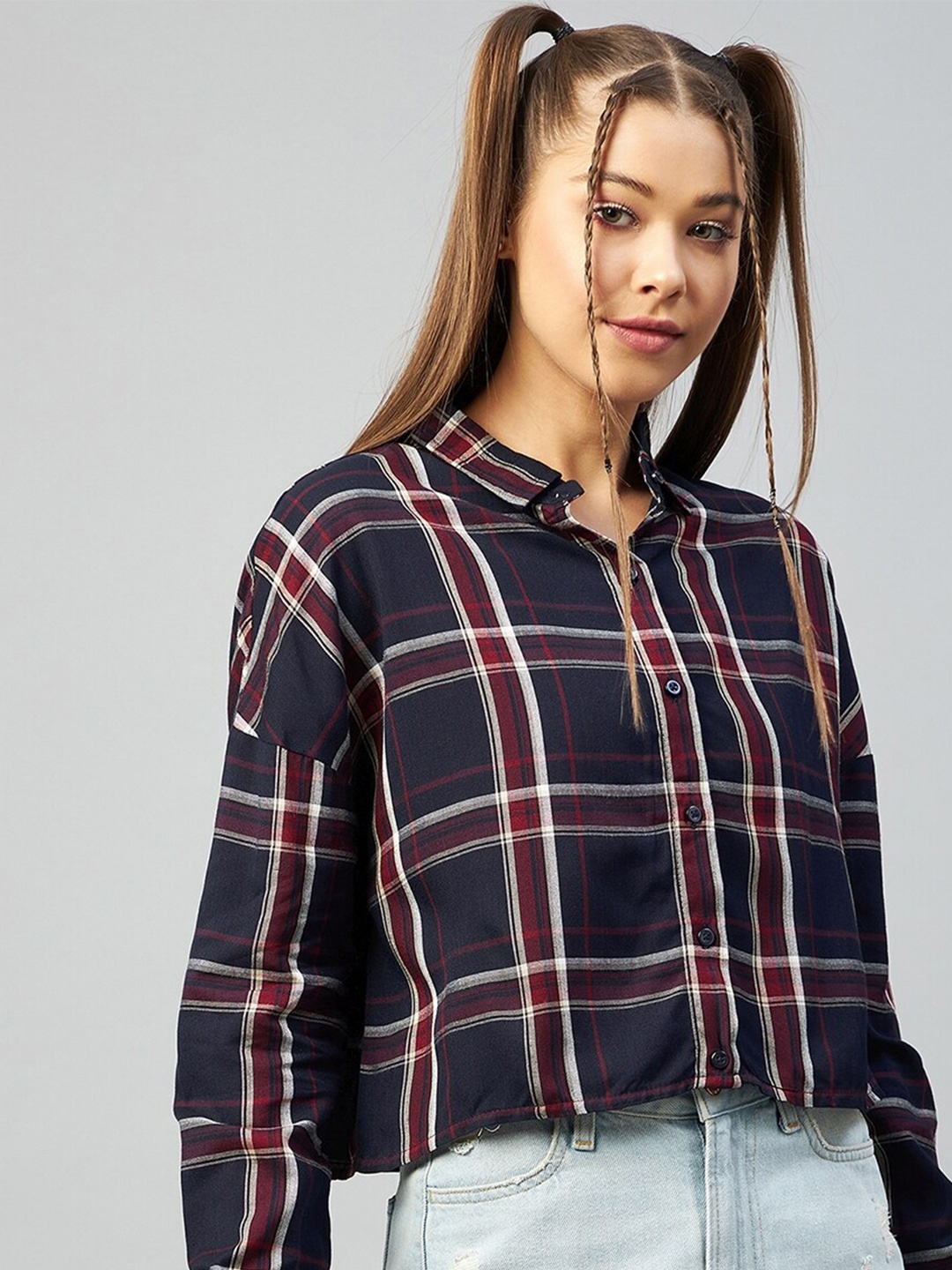 

CHIMPAAANZEE Women Navy Blue Relaxed Boxy Tartan Checks Checked Casual Shirt